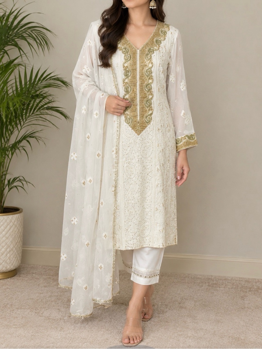 White shalwar kameez Duppatta gold Embroidered chicken kari chiffon. S-M